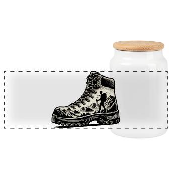 Drawing Hiker Mountain Hiking Shoe - Panoramic Cookie Jar with Wooden Lid - white - Front