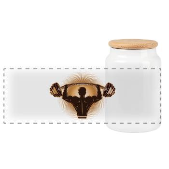 Dumbbell in hand - bodybuilder with weight - Panoramic Cookie Jar with Wooden Lid - white - Front