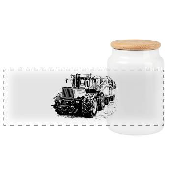 Alter MB trac 1300 TRAKTOR mit Strohanhänger - Panorama Keksdose mit Holzdeckel - Weiß - Vorne
