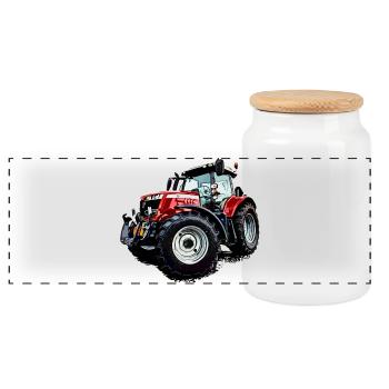 Traktor rot (M F) 6715S - Panorama Keksdose mit Holzdeckel - Weiß - Vorne