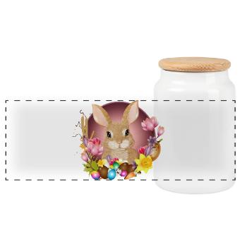 Osterkranz & Ostereier mit Kaninchen als Osterhase - Panorama Keksdose mit Holzdeckel - Weiß - Vorne
