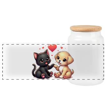 Love like dog and cat - Panoramic Cookie Jar with Wooden Lid - white - Front