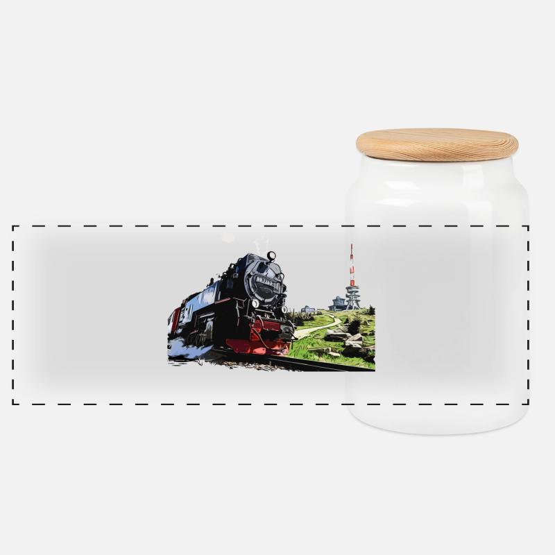 Dampflok am Brocken im Harz - Panorama Keksdose mit Holzdeckel - Weiß