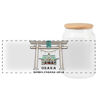 Osaka Japan, Namba Yasaka-jinja Torii Drawing - Panoramic Cookie Jar with Wooden Lid - white - Front