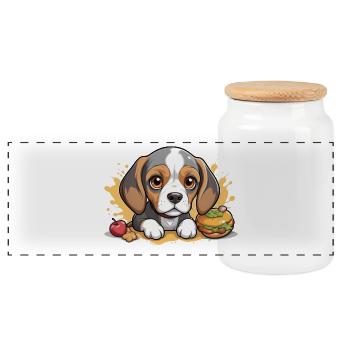 Kleiner Beagle Welpe mit Apfel und Burger - Panorama Keksdose mit Holzdeckel - Weiß - Vorne