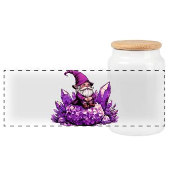 Gnome sitting on an Amethyst Crystal - Panoramic Cookie Jar with Wooden Lid - white - Front