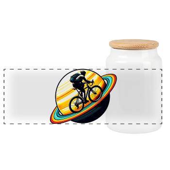 Cycliste sur Saturne - Boîte à biscuits avec couvercle en bois - blanc - Devant