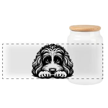 Cavapoo Kopf mit Pfoten - Panorama Keksdose mit Holzdeckel - Weiß - Vorne