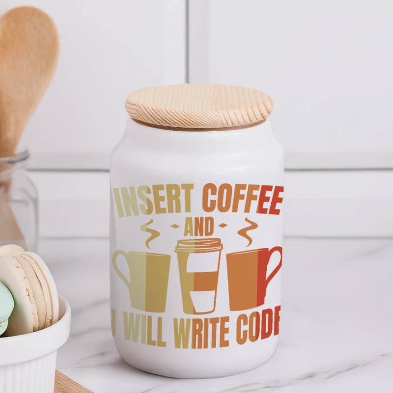 Insert Coffee And I Will Write Code Panorama Keksdose mit Holzdeckel