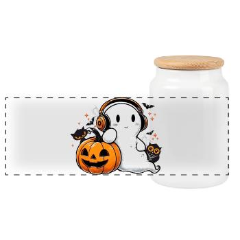 cool ghost with headphones and halloween pumpkin - Panoramic Cookie Jar with Wooden Lid - white - Front