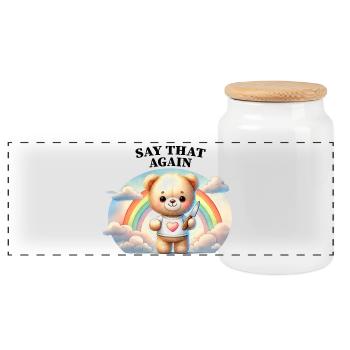 Ein Teddybär mit unschuldigem Lächeln - Panorama Keksdose mit Holzdeckel - Weiß - Vorne