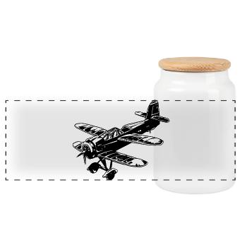 Propeller Airplane Graphic - Panoramic Cookie Jar with Wooden Lid - white - Front
