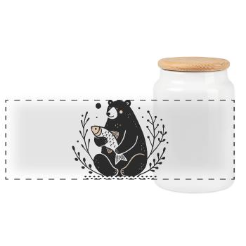 A sitting bear holding a fish - Panoramic Cookie Jar with Wooden Lid - white - Front