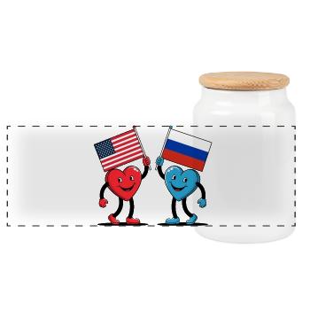 America and Russia hearts - Panoramic Cookie Jar with Wooden Lid - white - Front