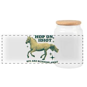 Hop On, Idiot – Lustiges Pferde-Design - Panorama Keksdose mit Holzdeckel - Weiß - Vorne