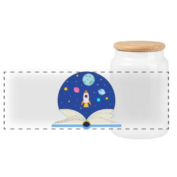 Open Book with Space Scene, Imagination and Advent - Panoramic Cookie Jar with Wooden Lid - white - Front