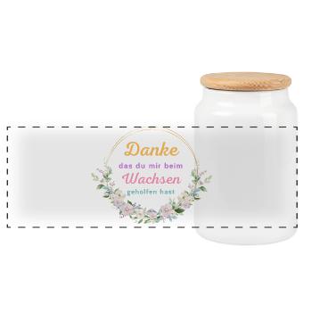 Danke das du mir beim Wachsen geholfen hast! - Panorama Keksdose mit Holzdeckel - Weiß - Vorne