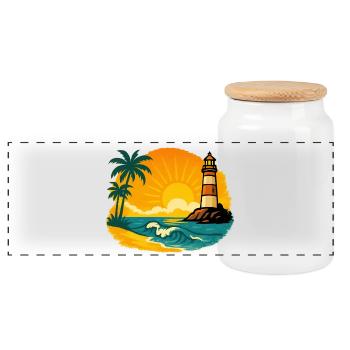 Sunset with lighthouse on tropical beach - Panoramic Cookie Jar with Wooden Lid - white - Front