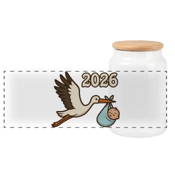 Storch mit Findelkind im Schnabel 2026 - Panorama Keksdose mit Holzdeckel - Weiß - Vorne