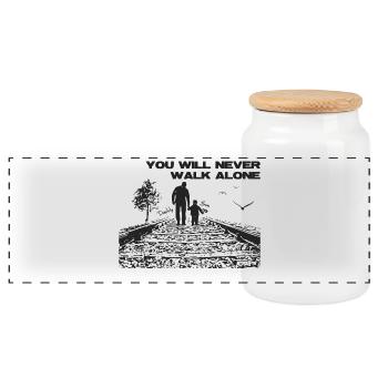 Father & Son – Never Alone - Panoramic Cookie Jar with Wooden Lid - white - Front