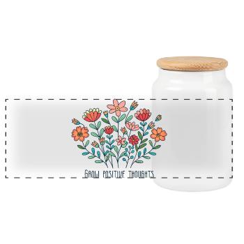 grow positive thoughts Floral happy tshirt - Panoramic Cookie Jar with Wooden Lid - white - Front