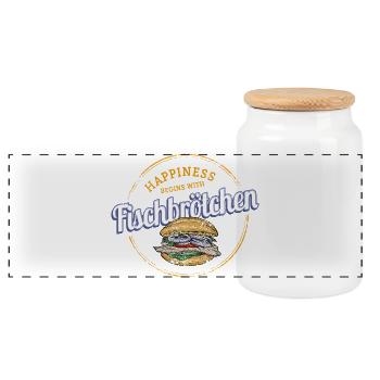 Fischbrötchen mit Matjes oder Bismarckhering - Panorama Keksdose mit Holzdeckel - Weiß - Vorne