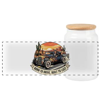 Retro Muscle Car with Sunset - Panoramic Cookie Jar with Wooden Lid - white - Front