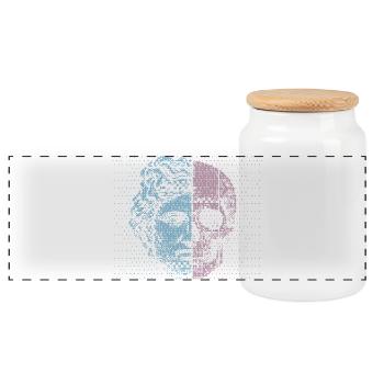 Digital Split Ancient Face Skull Art Design - Panoramic Cookie Jar with Wooden Lid - white - Front