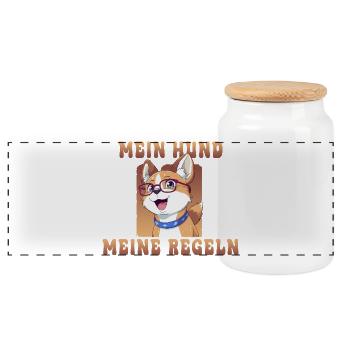 Dogs with glasses and saying-my dog my rules - Panoramic Cookie Jar with Wooden Lid - white - Front