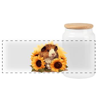 Motif ludique de cochon d’Inde avec des tournesols - Boîte à biscuits avec couvercle en bois - blanc - Devant