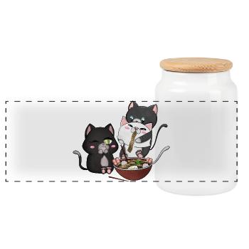 Katzen essen Ramen - Panorama Keksdose mit Holzdeckel - Weiß - Vorne