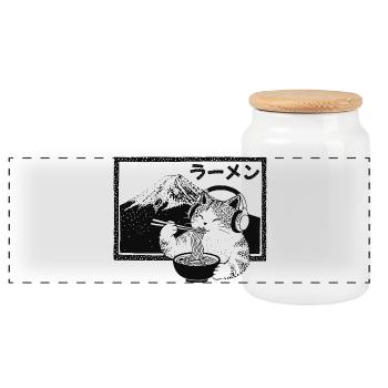 Ramen Kitten Mount Fuji - Panoramic Cookie Jar with Wooden Lid - white - Front