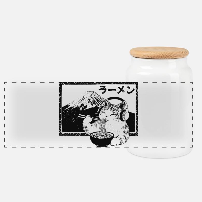 Ramen Kitten Mount Fuji - Panorama Keksdose mit Holzdeckel - Weiß