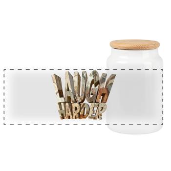 Laugh harder – Monumental stone letters modern - Panoramic Cookie Jar with Wooden Lid - white - Front