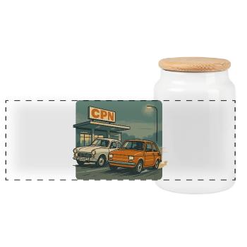 Retro Polish Cars at Old CPN Gas Station - Panoramic Cookie Jar with Wooden Lid - white - Front