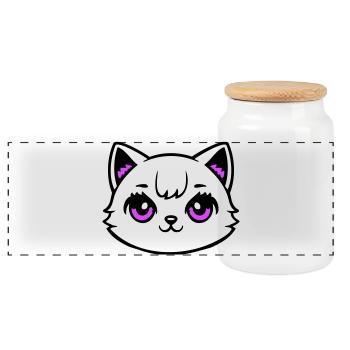 Tête de chat Yeux roses Blanc Kitty Mignon Kawaii Rose - Boîte à biscuits avec couvercle en bois - blanc - Devant
