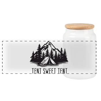 Tent Sweet Tent Funny Camping Mountain Adventure - Panoramic Cookie Jar with Wooden Lid - white - Front