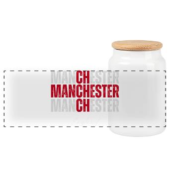Manchester England, British Pride - Panoramic Cookie Jar with Wooden Lid - white - Front