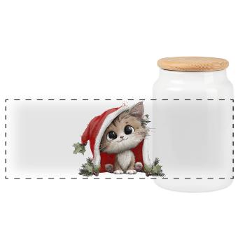 Chaton en chapeau de Noël rouge Chat de Noël - Boîte à biscuits avec couvercle en bois - blanc - Devant