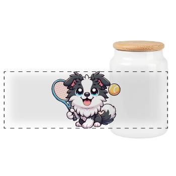Cute Border Collie With Tennis Racket And Ball - Panoramic Cookie Jar with Wooden Lid - white - Front
