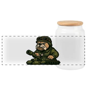 Bulldog Soldier Driving Tank Tough Mascot Art - Panoramic Cookie Jar with Wooden Lid - white - Front