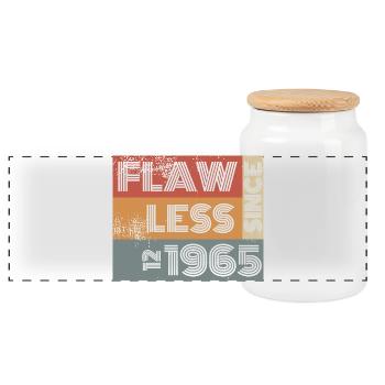 60. Geburtstag Flawless since 12/1965 - Panorama Keksdose mit Holzdeckel - Weiß - Vorne