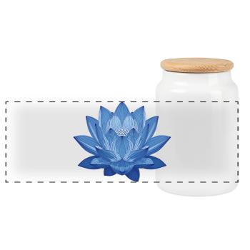 Blue Lotus – Geometric Floral Splendour - Panoramic Cookie Jar with Wooden Lid - white - Front