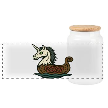 Undead Viking Unicorn in Nordic Longship - Panoramic Cookie Jar with Wooden Lid - white - Front