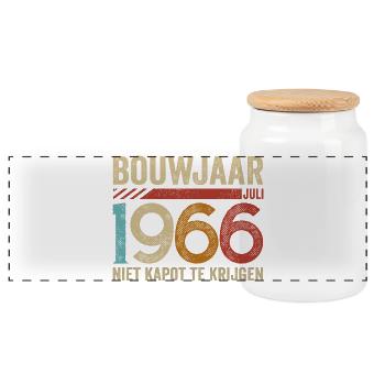 Baujahr Juli 1966 unzerstörbar - Panorama Keksdose mit Holzdeckel - Weiß - Vorne
