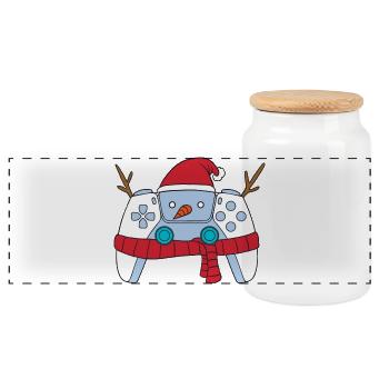 Snowman Video Game Controller Christmas Gamer - Panoramic Cookie Jar with Wooden Lid - white - Front
