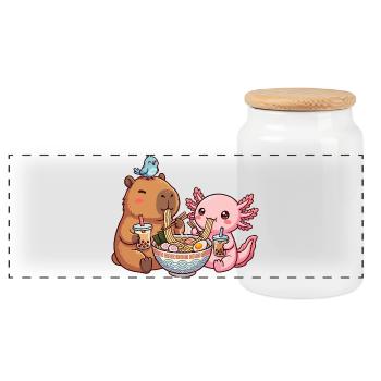 Kawaii Capybara Axolotl Ramen Bubble Tea - Panoramic Cookie Jar with Wooden Lid - white - Front