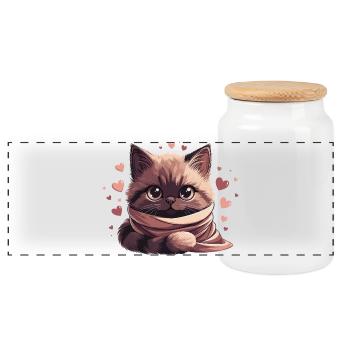 Cozy kitten wrapped in a scarf - Panoramic Cookie Jar with Wooden Lid - white - Front