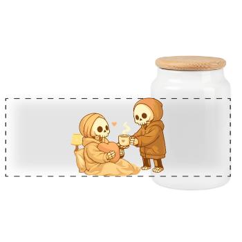 Cozy skeleton brings tea – Small gesture, lots of heart - Panoramic Cookie Jar with Wooden Lid - white - Front