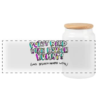 PUTZT_WERD_WENN_B'SUACH_KUMMT - Panoramic Cookie Jar with Wooden Lid - white - Front